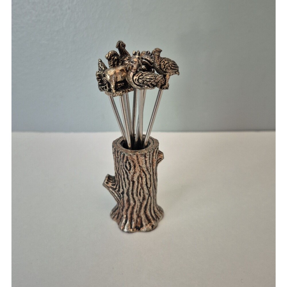 Vintage Mid Century Barnyard Animal Cocktail Pick Set Pewter Tree Stump Holder